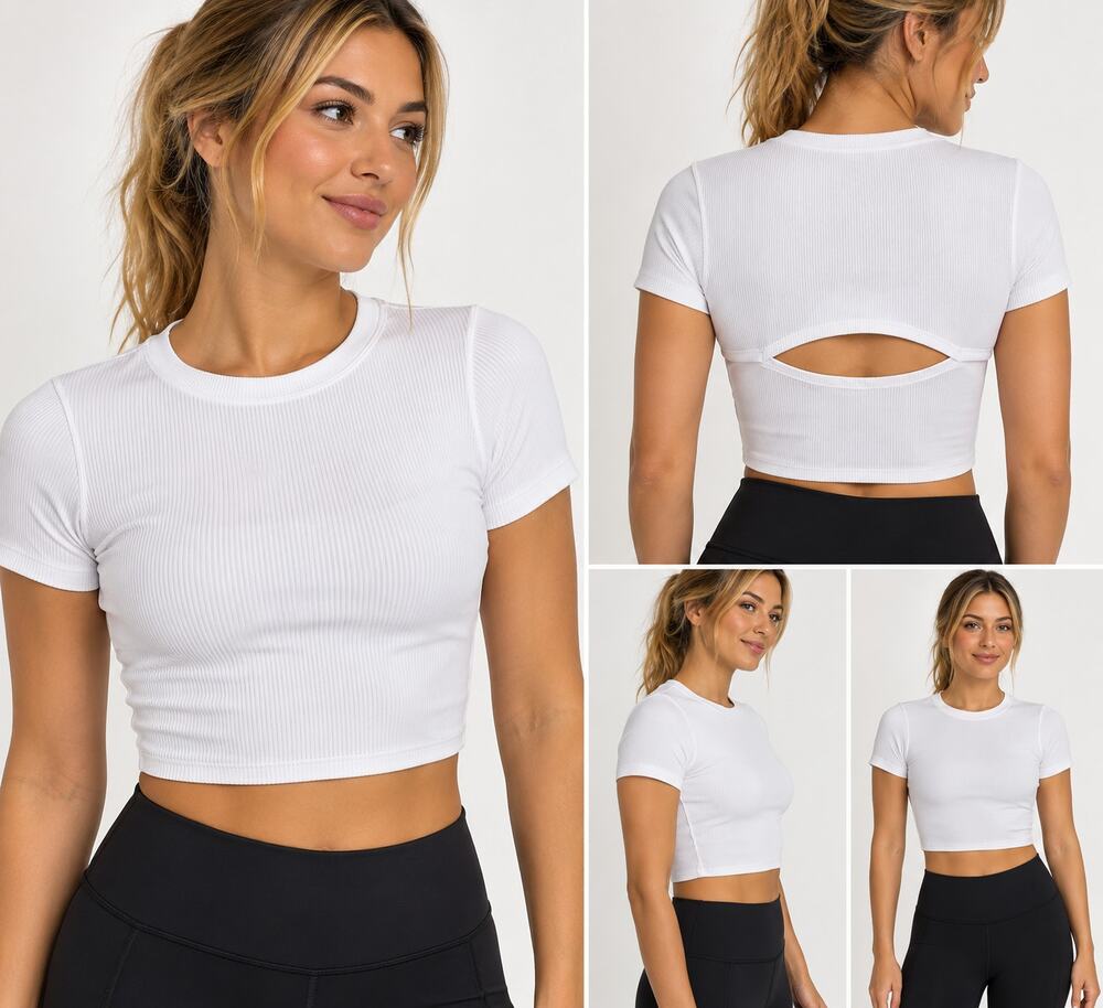 Move Theology White Ribbed Cutout Back Crop Top w/ Built-In Bra Cups – M